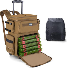 66L Rolling Tackle Box with Cooler, Khaki Large Fishing Bag with Wheels for 5 37