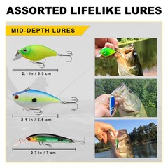 Fishing Lures Tackle Kit with Tackle Box, Bass Fishing Set Including Crankbaits