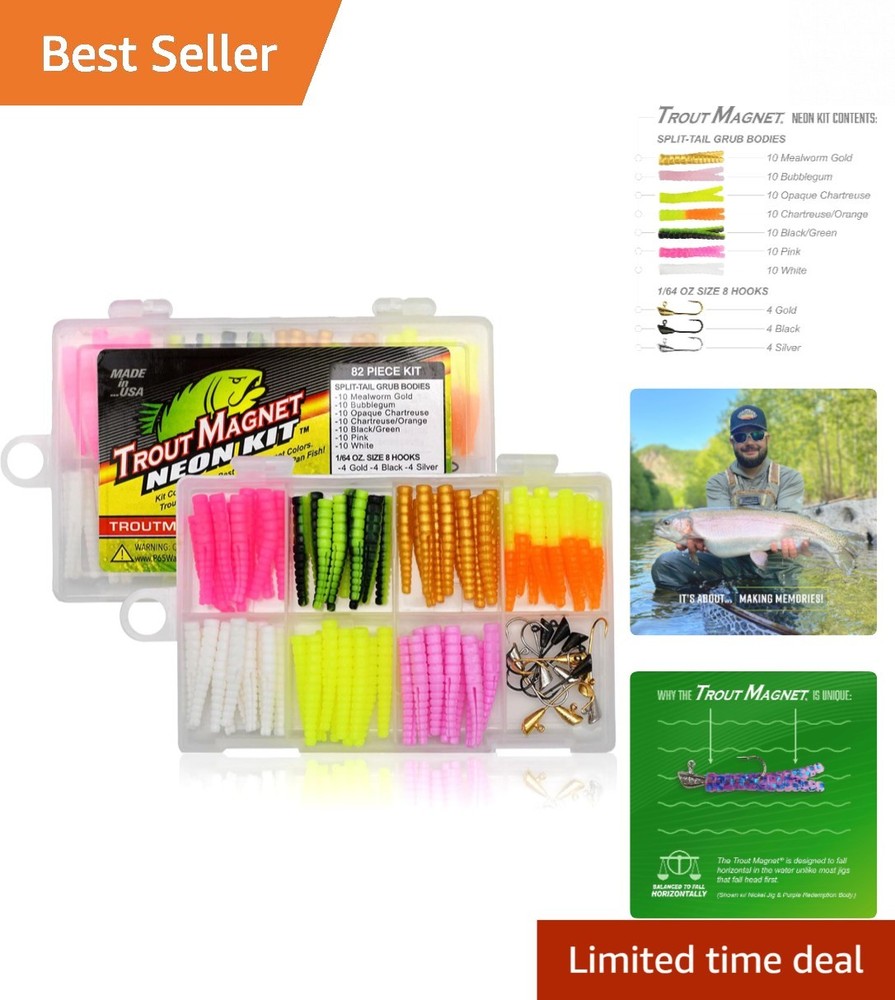 Neon Fishing Gear Kit – 82 Pieces with 70 Grub Bodies & 12 Size 8 Hooks Included