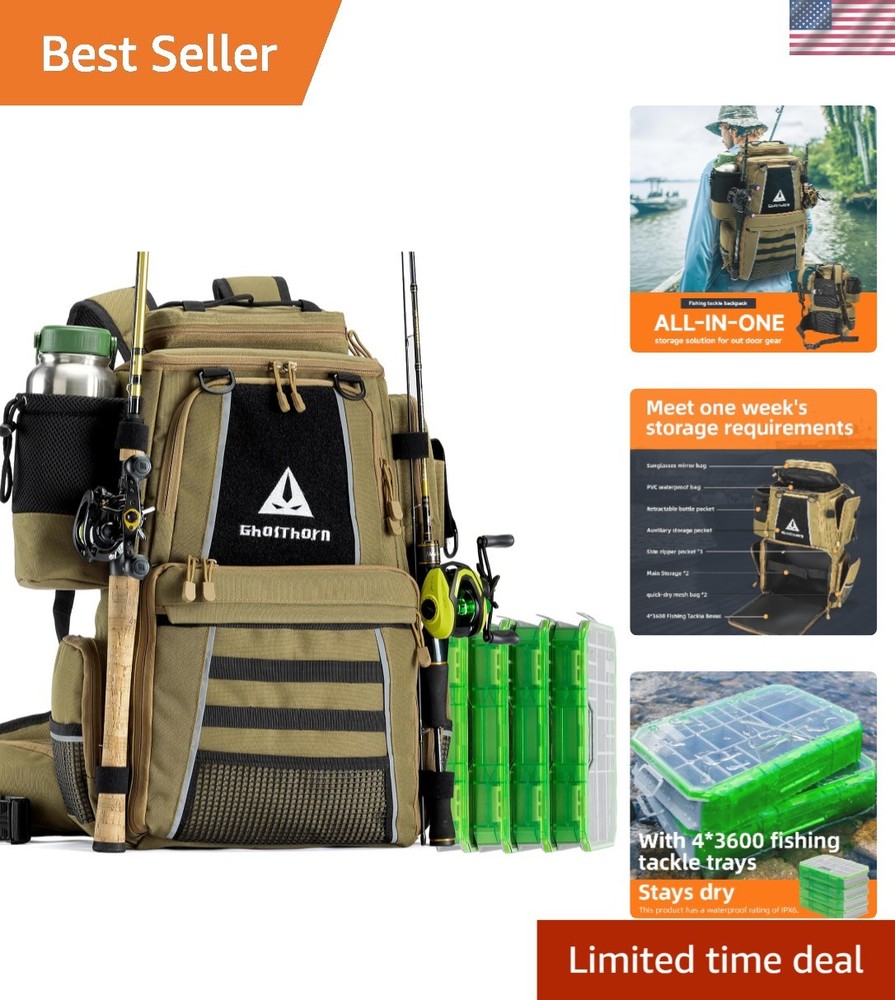 Versatile Outdoor Fishing Backpack with Adjustable Straps & 4 Tackle Boxes