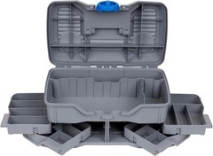 Modern 4-Tray Fishing Tackle Box with Top Storage & 25-Piece Kit in Light Gray