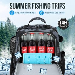 Cooler Fishing Backpack with Rod Holders 45L Large Water-resistant Black Camo