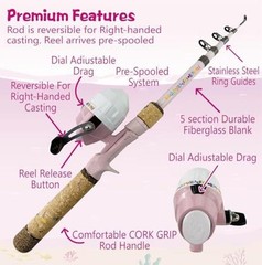 Kids Rod Set – Kids Fishing Rod and Reel Combo – 1.5 Meters Pink – Fishing Net
