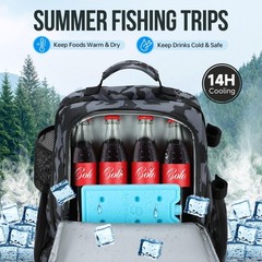 PLUSINNO Fishing Backpack with Rod Holders & Cooler, 45L Medium, Black Camo