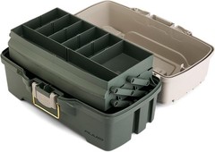 Two-Tray Tackle Box Plastic Green/Tan with Brass Latch Top-Access Deep Storage