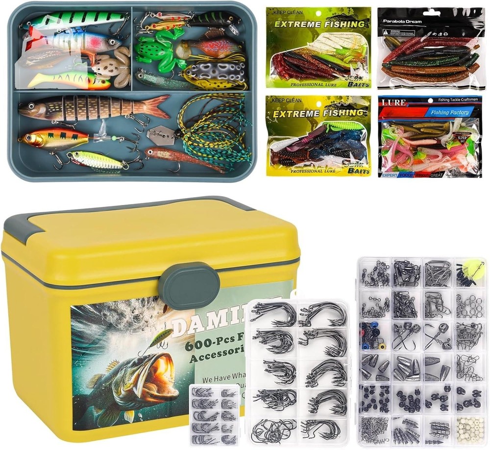 600 Pc Fishing Tackle Kit Hooks Sinkers Lures Saltwater Freshwater Bass