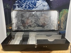 Vintage Metal Tin (8) Slot Fishing Tackle Box, w/ Fish Logos….. 10.5”x4.5”x1.5”