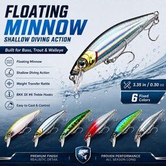 Floating Minnow Fishing Lure, 3.35in 0.30oz ABS Hard Bait with BKK 3X Size 6 …