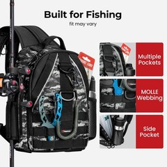 Fishing Backpack, Rod Holders, Lightweight Sling Bag, Black Camo