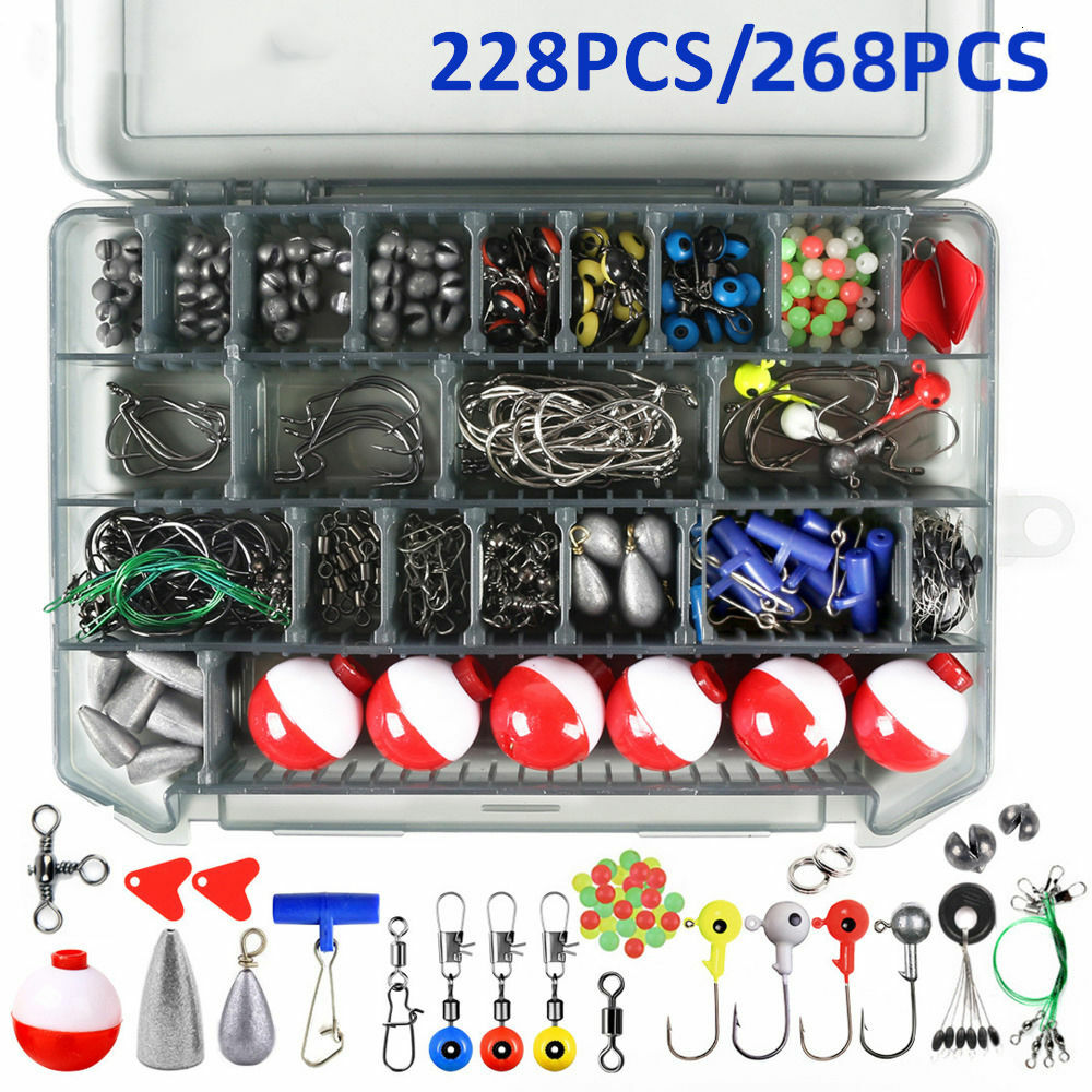 Zide 228/268 Fishing Accessories Kit Set With Tackle Box Jig Hooks Bullet Sinker