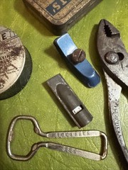Lot of Vintage Tackle Box Odds And Ends Tools Beer Opener Weber Stevens Pt WI