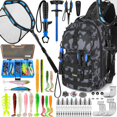 Fishing Backpack with Tackle Boxes, Floating Net, Pliers & Gear Set