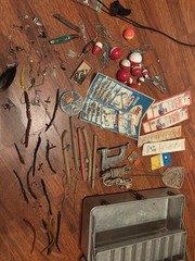 Vintage My Buddy 3 Tray Aluminum Fishing Tackle Box 1950’s w/ Corks Lures Hooks