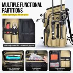 PLUSINNO Fishing Backpack with Rod Holders Tackle Box, 42L Large Water-resistant