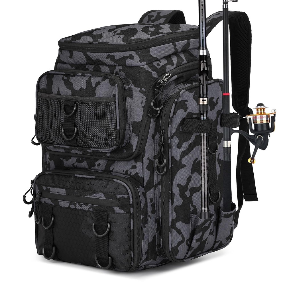 42L Fishing Backpack With Rod Holder Waterproof Tackle Box Bag Black Camo