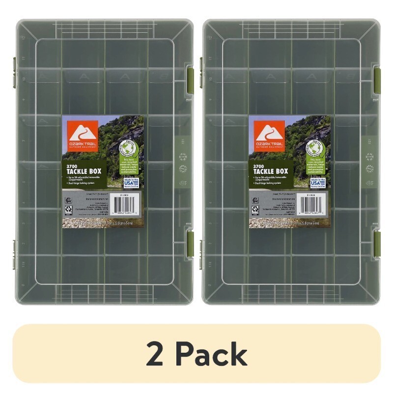 2 Pack Large Plastic Tray Fishing Tackle Box Dual-hinge Locking System Green