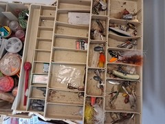 Tray Tackle Box Loaded w/Assorted Old & New Fishing Lures And Tools Ov