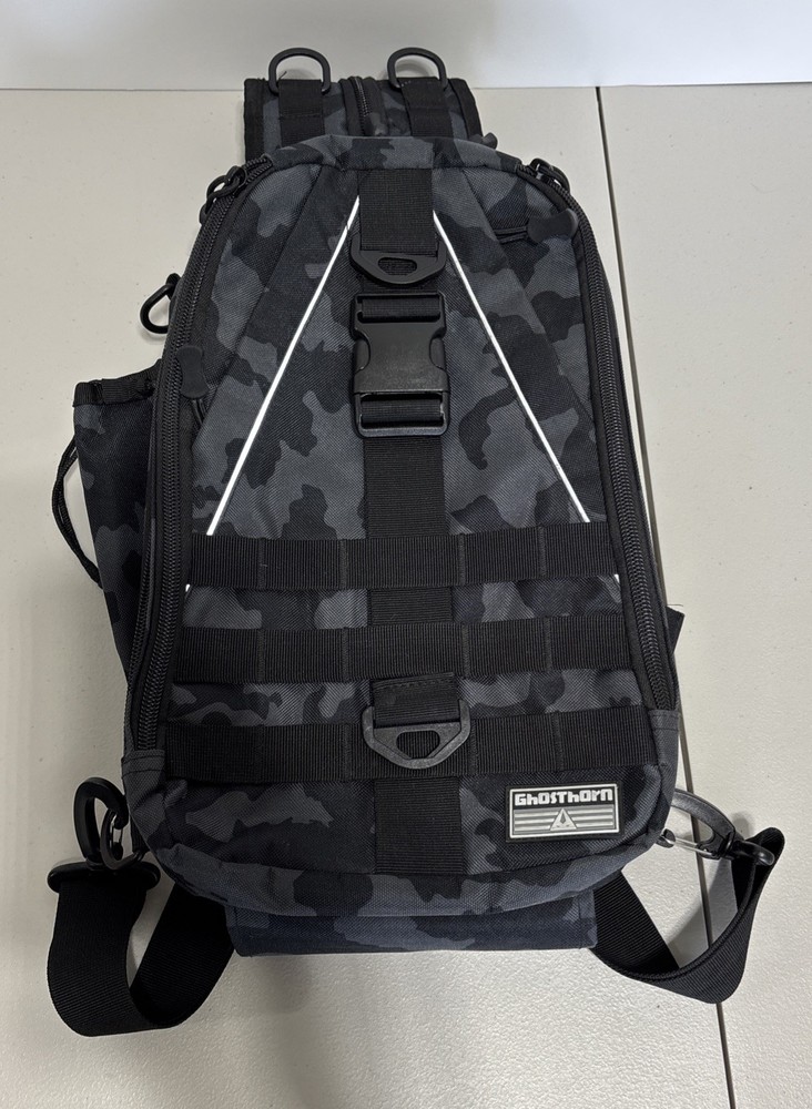 Ghosthorn Fishing Tackle Backpack Black Gray Camo Sling Bag EC