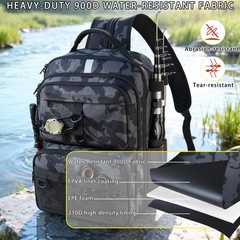 SKAITU Fishing Backpack with Tackle 10.5″ x 8.5″ x 16.5″, Black Camo