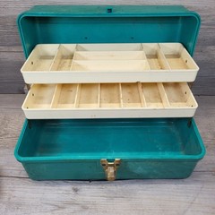Vtg Fishing Tackle Box Green Plastic Marble Swirl 13.5″ x 6.5″ 2 Tray USA Made