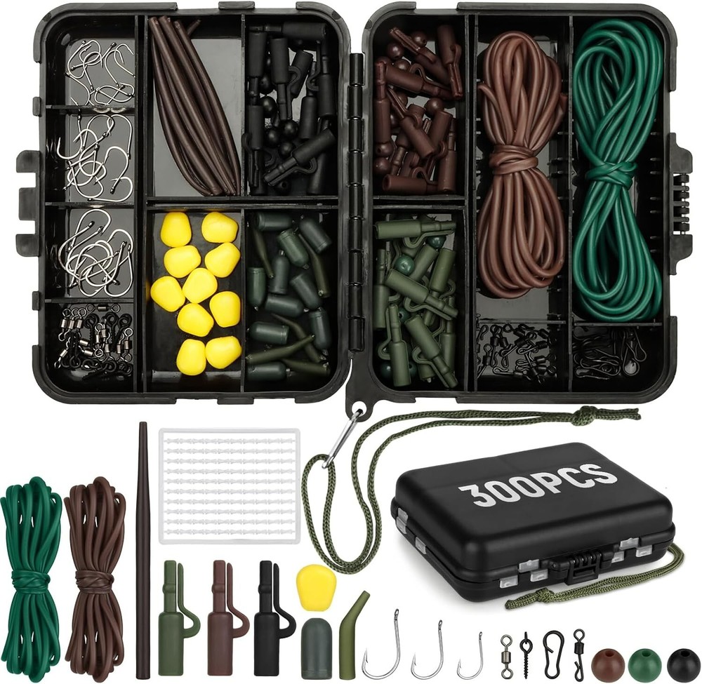 300 Pcs Carp Fishing Tackle Box Set Lead Clips Beads Rig Tubing Swivels Hooks