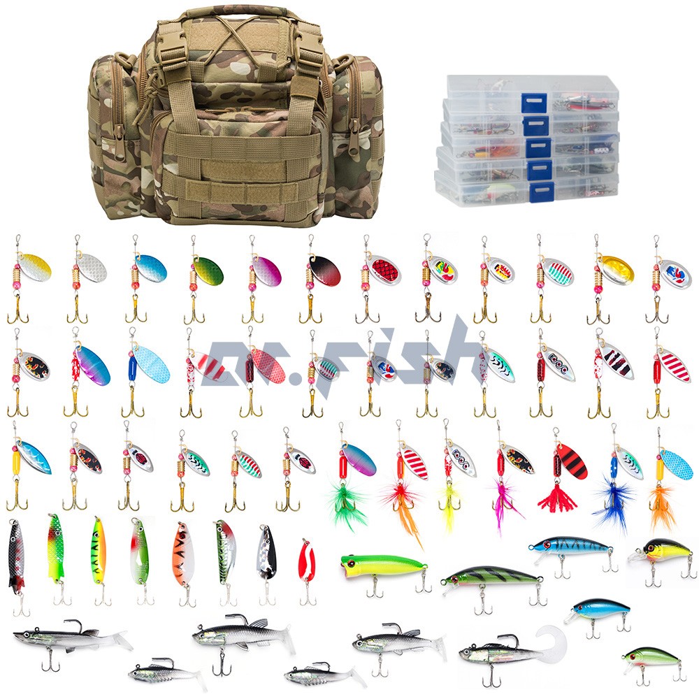 Fishing Bag withe 60 Spinners Spoons Lures Crankbaits 5 Tackle Box Storage Mixed