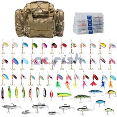 Fishing Bag withe 60 Spinners Spoons Lures Crankbaits 5 Tackle Box Storage Mixed