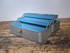 Vintage Union Utility Chest Metal Tool Box Ruler Lid Silver Blue Trays Le Roy NY