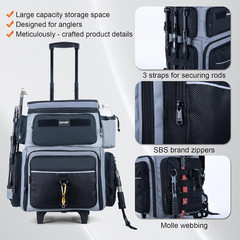 66L Rolling Tackle Box with Cooler, Gray Large Fishing Bag with Wheels for 5 370