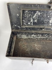 Vtg Mid-Century 1953 Military Black Metal Fishing Tackle Tool Box Embossed LOOK