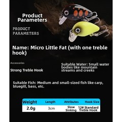 2g Plastic Crankbait Lure 3cm Slow Sinking for Small Fish Bass For Trout