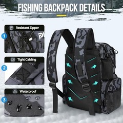 Cooler Fishing Backpack with Rod Holders 45L Large Water-resistant Black Camo