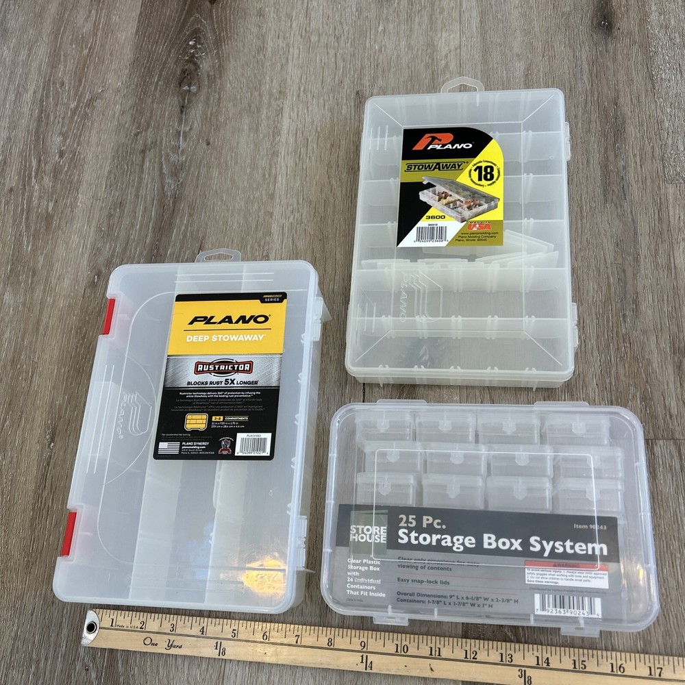 Plano Stowaway Fishing Bait Utility Boxes Clear Plastic Lot Of 3 NOS