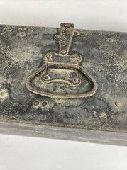 Vtg Mid-Century 1953 Military Black Metal Fishing Tackle Tool Box Embossed LOOK