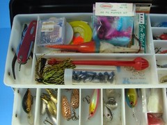 Old Pal 2 Tray Tackle Box With Lures Spinning Reel Soft Plastics Spoons Knife