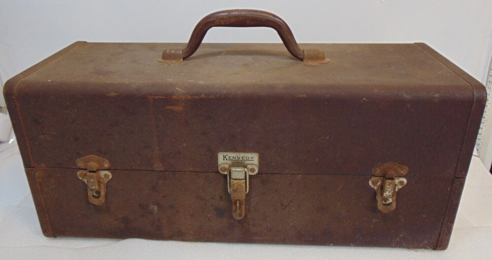 Vintage Kennedy Tackle Box 18″ Handle Compartments 2 Trays Rare Old Hinges LOGO