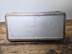 Vintage Union Utility Chest Metal Tool Box Ruler Lid Silver Blue Trays Le Roy NY