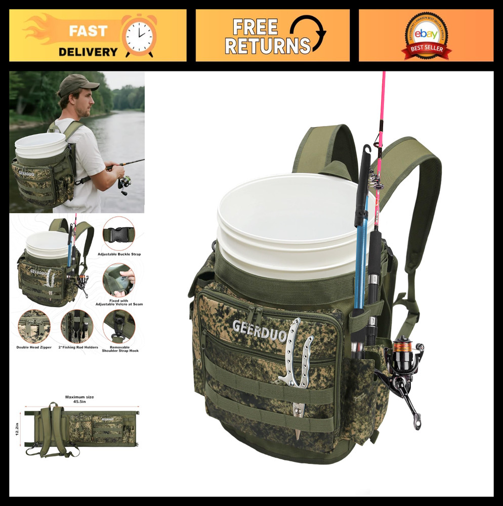 Fishing Bucket Backpack with Rod Holder, Pockets for Fishing, Hunting, Apple Pic