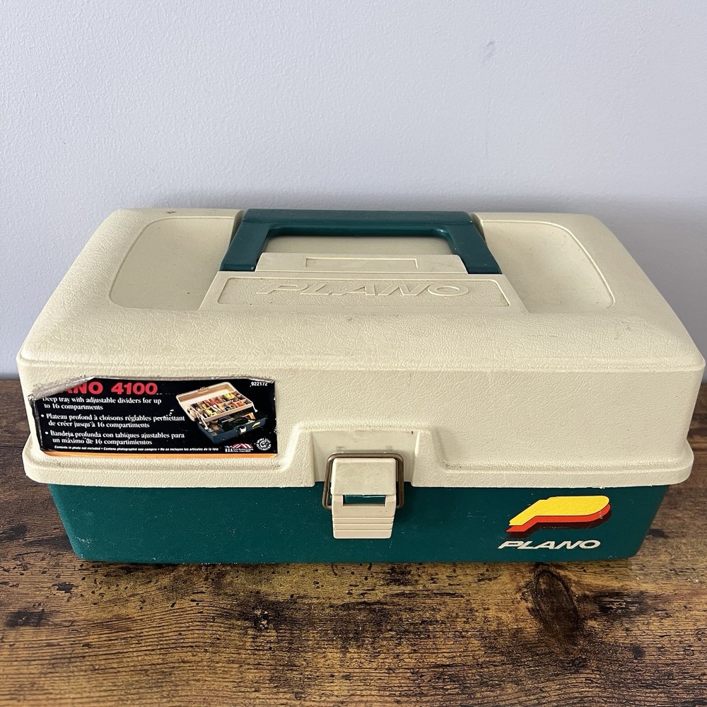 Plano 4100 Tackle Box Green Beige 1 Tray 16 Adjustable Compartments Vintage USA