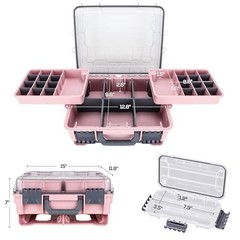 Universal Fishing Tackle Box with Two Small Tackle Tray, Removal Inside Pink