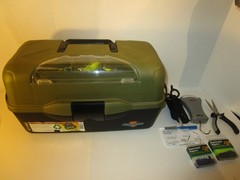 FLAMBEAU 3 TRAY TACKLE BOX WITH lure, hooks, RAPALA SCALE , RAPALA etc…