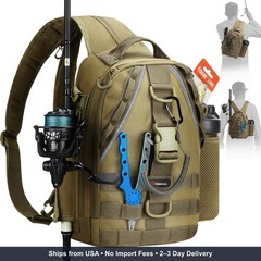 Piscifun Fishing Backpack, Rod Holders, Lightweight Sling Bag, Khaki | Fits 2×36