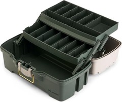Two-Tray Tackle Box Plastic Green/Tan with Brass Latch Top-Access Deep Storage