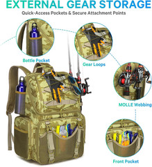 45L Fishing Backpack with Rod Holders & Rain Cover – Water-Resistant Camo Bag