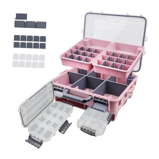 Universal Fishing Tackle Box with Two Small Tackle Tray, Removal Inside Pink