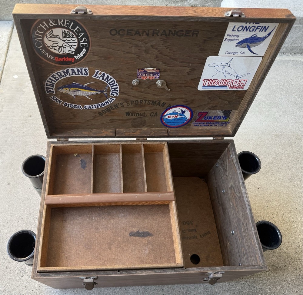 Vintage BOWEN’S OCEAN RANGER “Long Range” Wooden Tackle Box w/Removable Trays