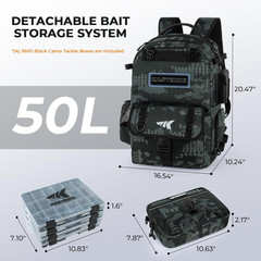 Fishing Tackle Backpack with Removable Bait Binder 50L Capacity Water-Resistant