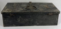 Vtg Mid-Century 1953 Military Black Metal Fishing Tackle Tool Box Embossed LOOK