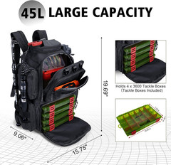 Fishing Tackle Backpack with 4 3600 Tackle Boxes,2 Rod Holders | 45L