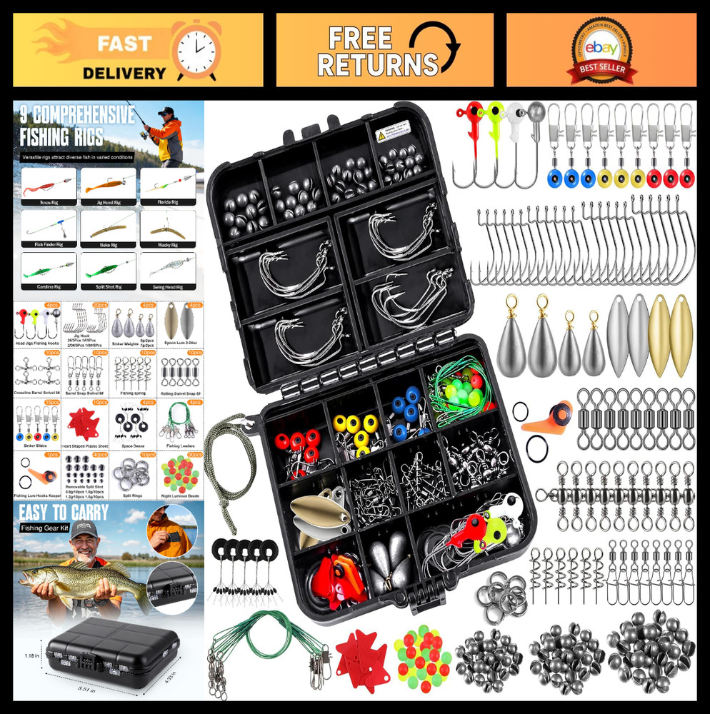 Fishing Tackle Box Kit 187/343pcs – Organized Accessories, Hooks, Weights, Gear,